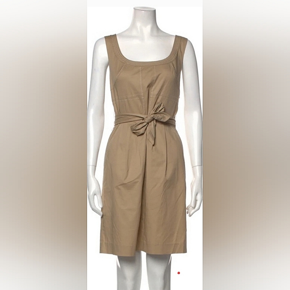 Tory Burch Designer Leena Cotton Khaki Tan Sleeveless Scoop Neck Belted Dress 8